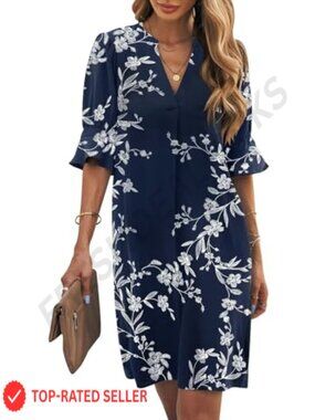 Womens Ruffle Short Sleeve V Neck Shift Dress Polyester Summer Casual